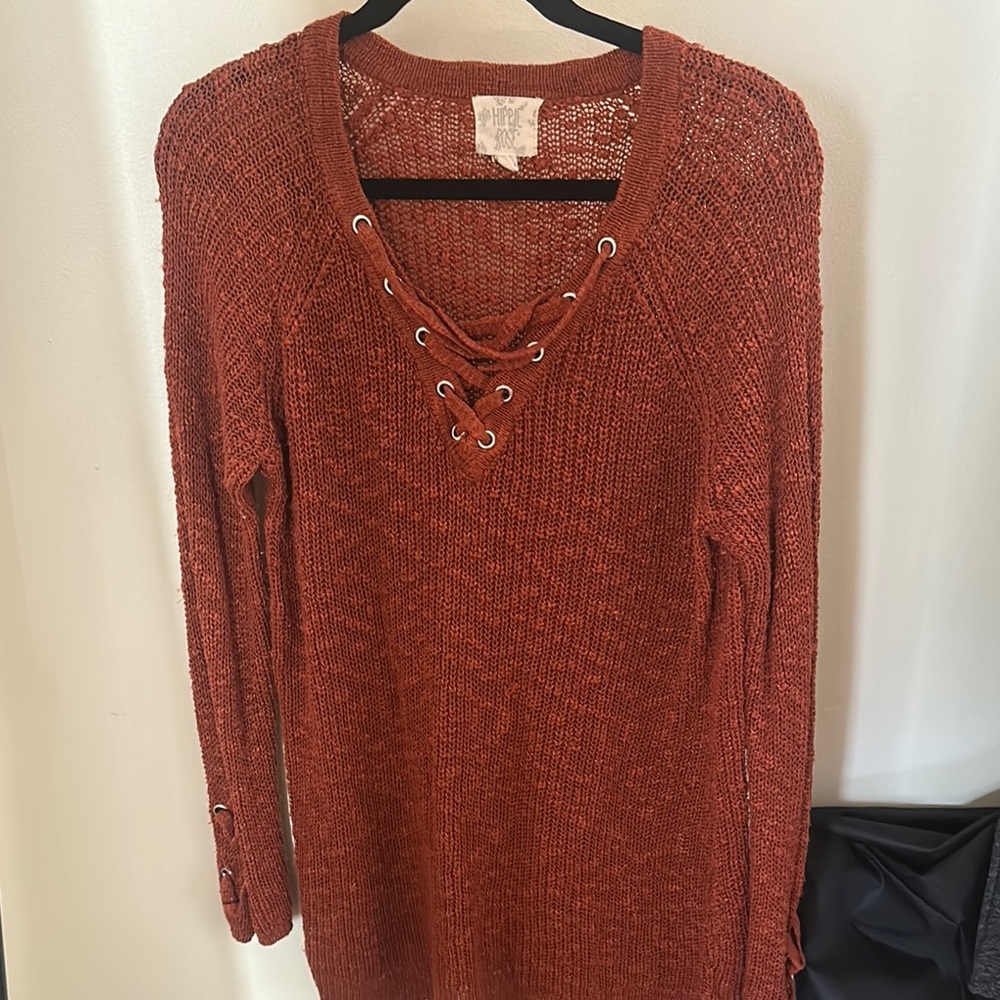 Rust Lace-Up Knit Sweater